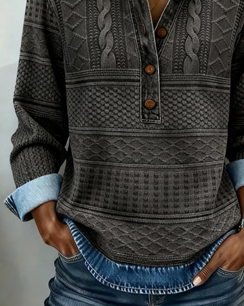 Cordelia | Women's Denim-Print Cable Knit Collared Henley Top