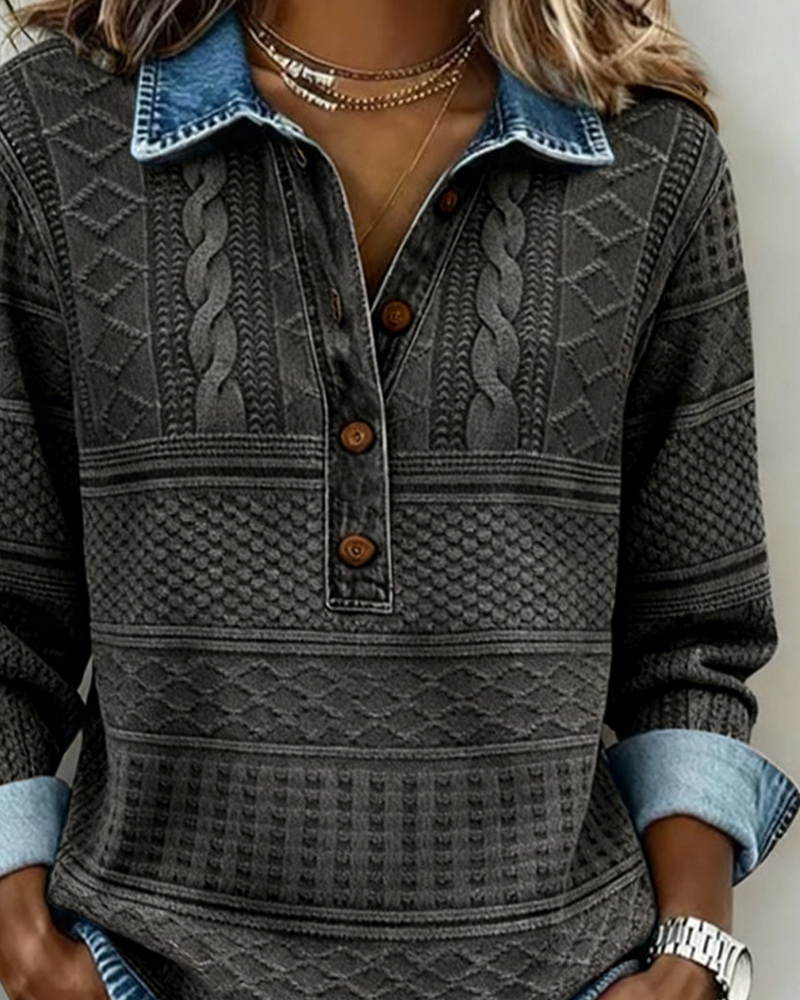 Cordelia | Women's Denim-Print Cable Knit Collared Henley Top