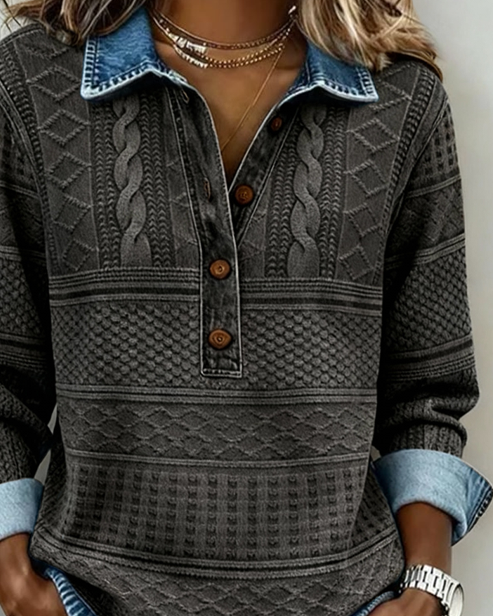 Cordelia | Women's Denim-Print Cable Knit Collared Henley Top