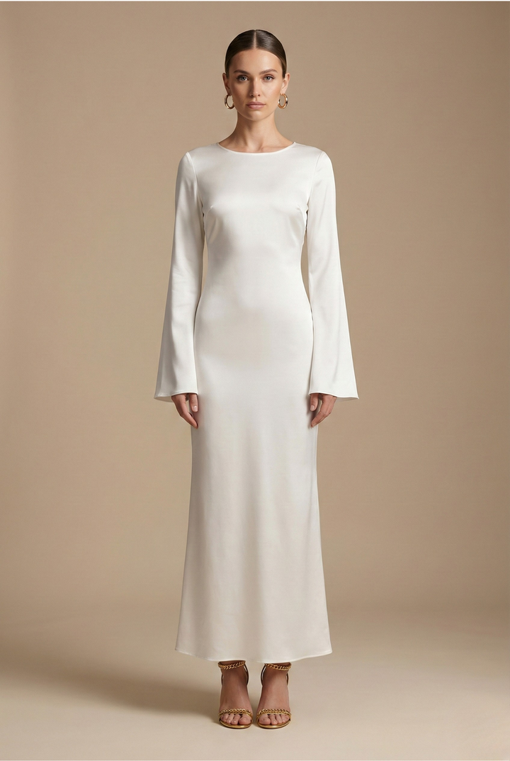 Satin Flare Sleeve Round Neck Column Maxi Dress - Formal Evening Gown