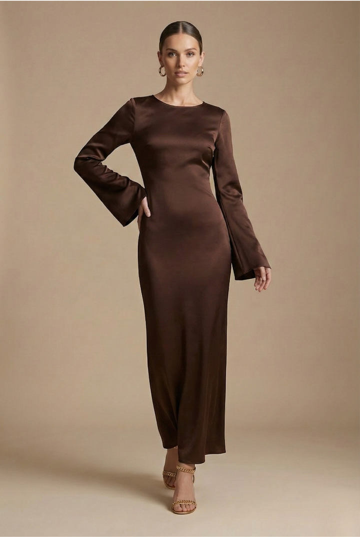 Satin Flare Sleeve Round Neck Column Maxi Dress - Formal Evening Gown
