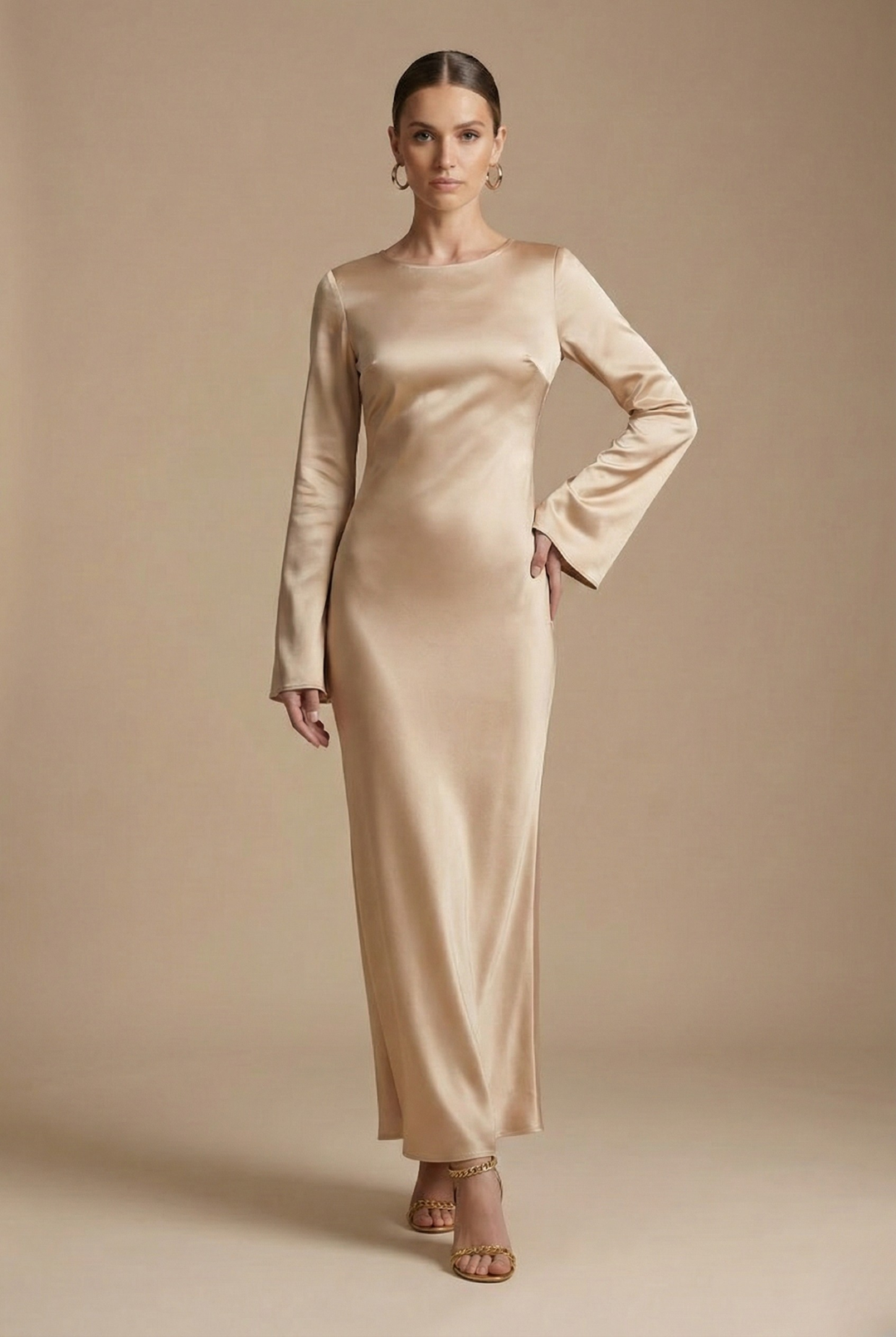 Satin Flare Sleeve Round Neck Column Maxi Dress - Formal Evening Gown