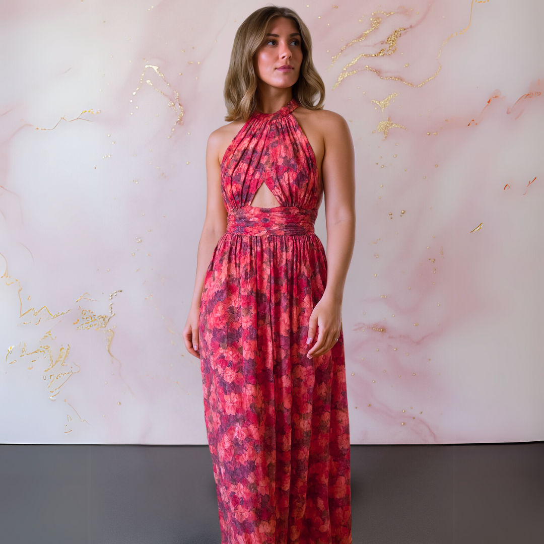 Floral Halter Neck Cut Out Waist High Split Flowy Maxi Dress - Wedding Guest