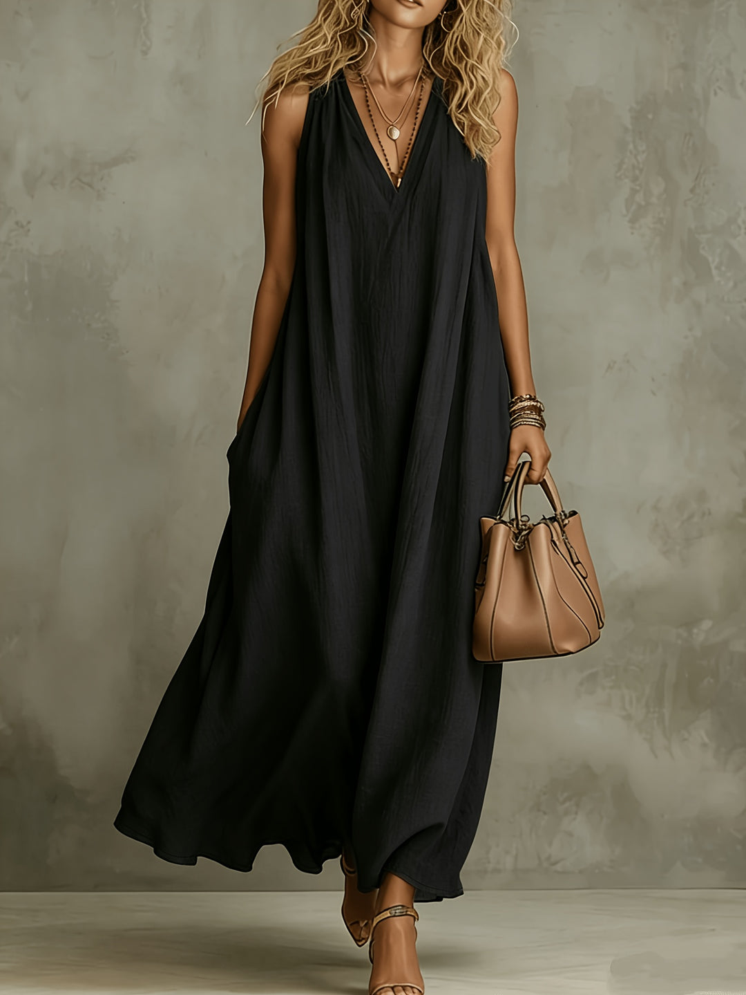 Linen Flowy V Neck Draped Casual Maxi Dress for Vacation