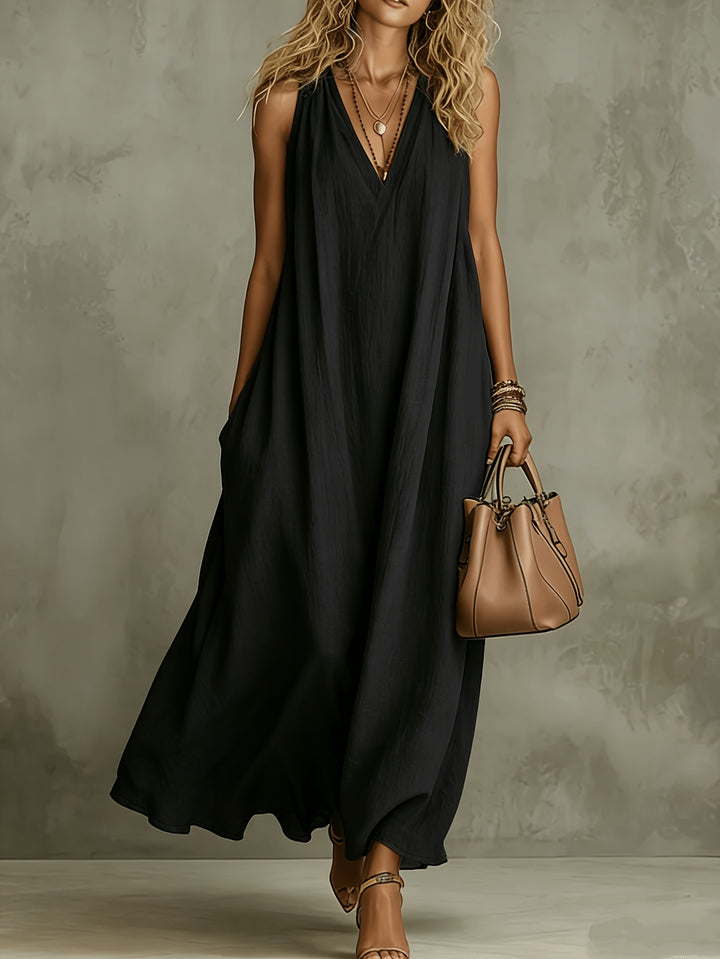 Linen Flowy V Neck Draped Casual Maxi Dress for Vacation