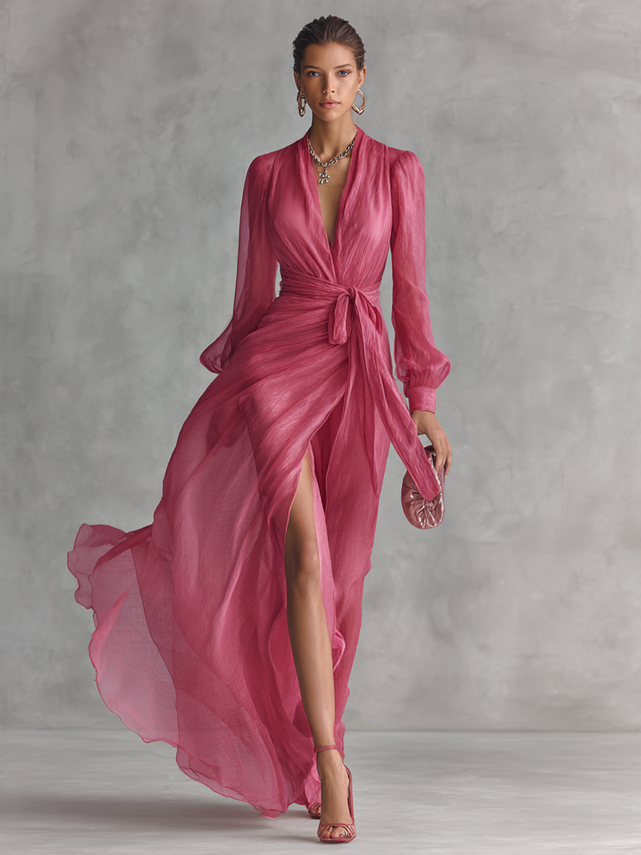 Draped Wrap V Neck Tie Waist Chiffon Maxi Dress - Wedding Guest