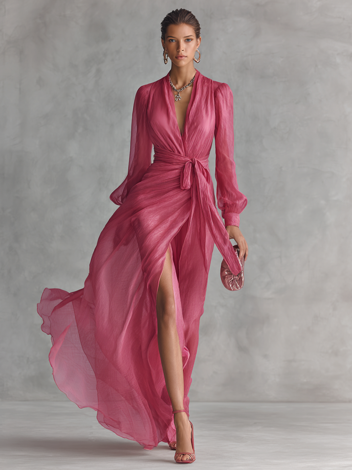 Draped Wrap V Neck Tie Waist Chiffon Maxi Dress - Wedding Guest