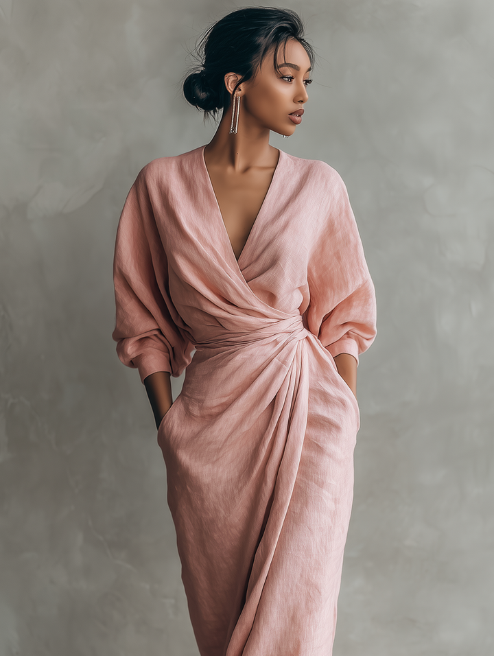 Draped Wrap V Neck Batwing Sleeve Linen Maxi Dress - Wedding Guest