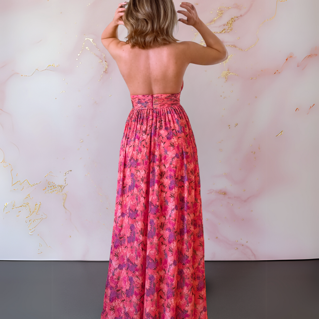 Floral Halter Neck Cut Out Waist High Split Flowy Maxi Dress - Wedding Guest
