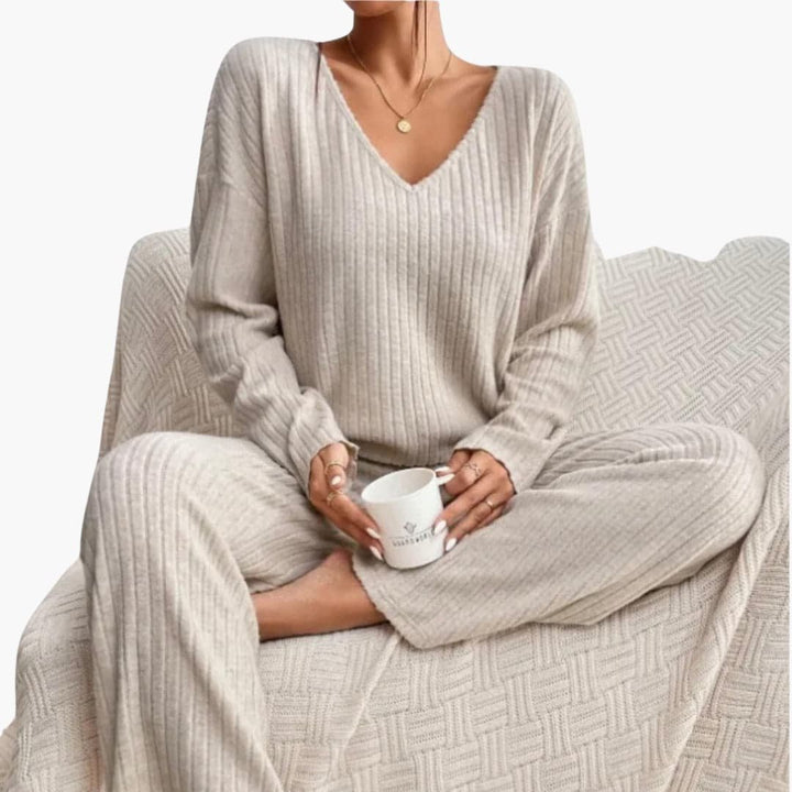 Thalia | Women's V-Neck Ribbed Knit Sweater Set