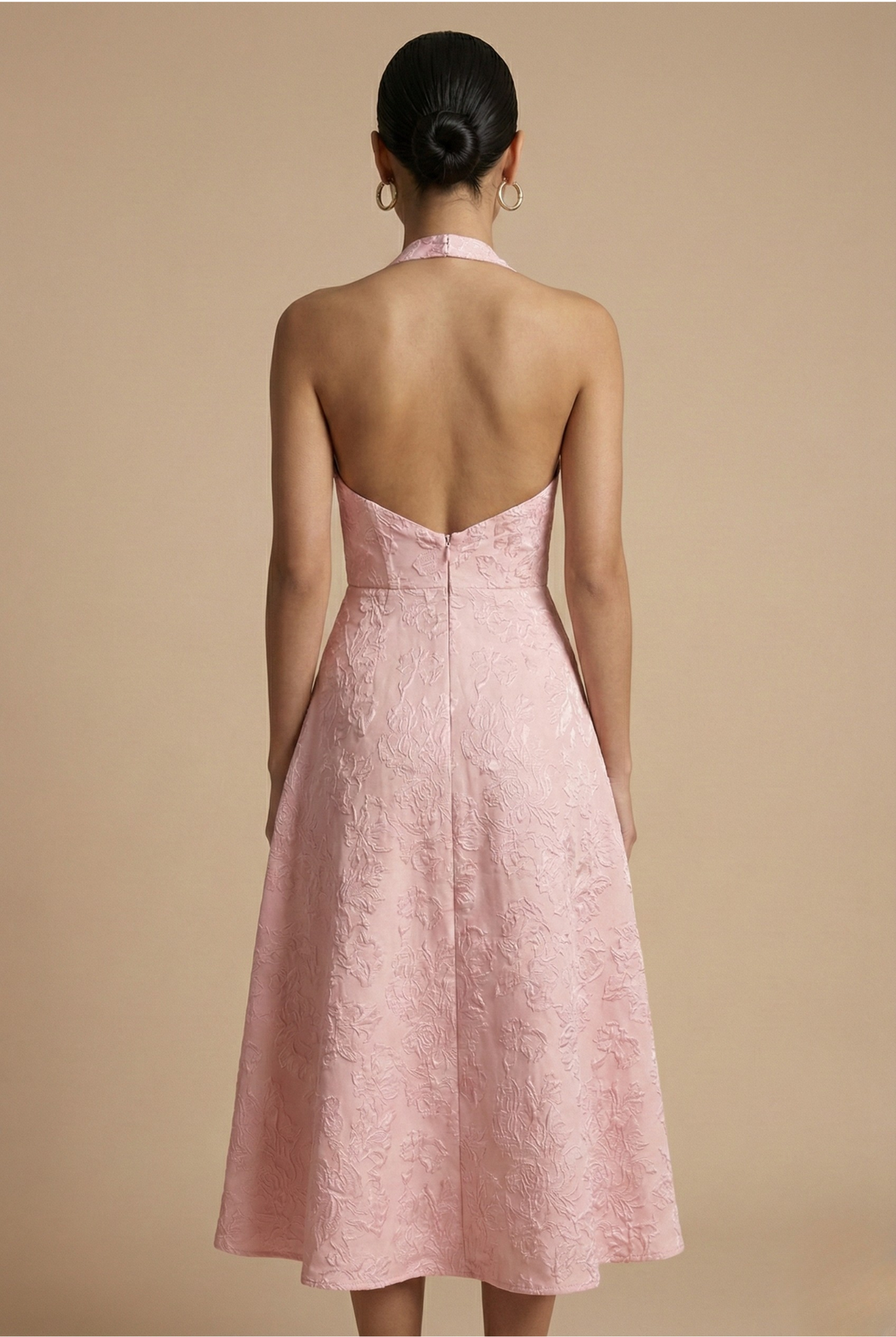 Jacquard Halter Neck Corset Bodice A Line Midi Dress - Wedding Guest