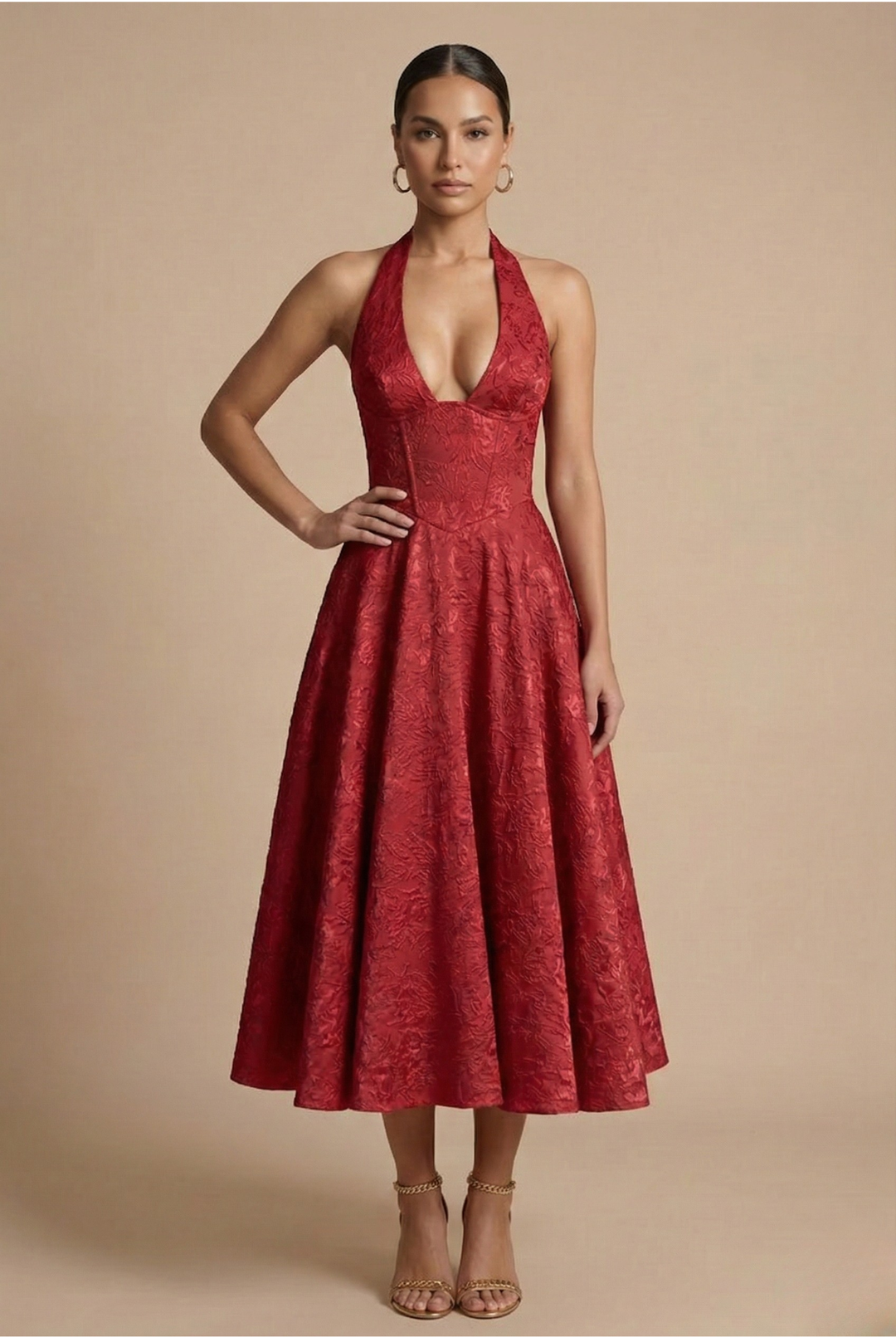 Jacquard Halter Neck Corset Bodice A Line Midi Dress - Wedding Guest