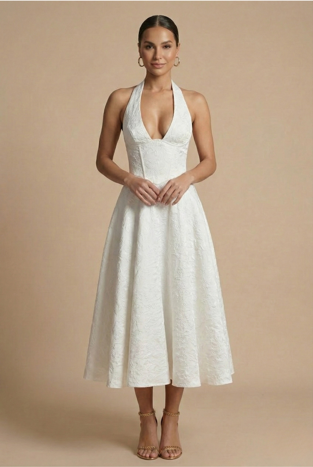 Jacquard Halter Neck Corset Bodice A Line Midi Dress - Wedding Guest
