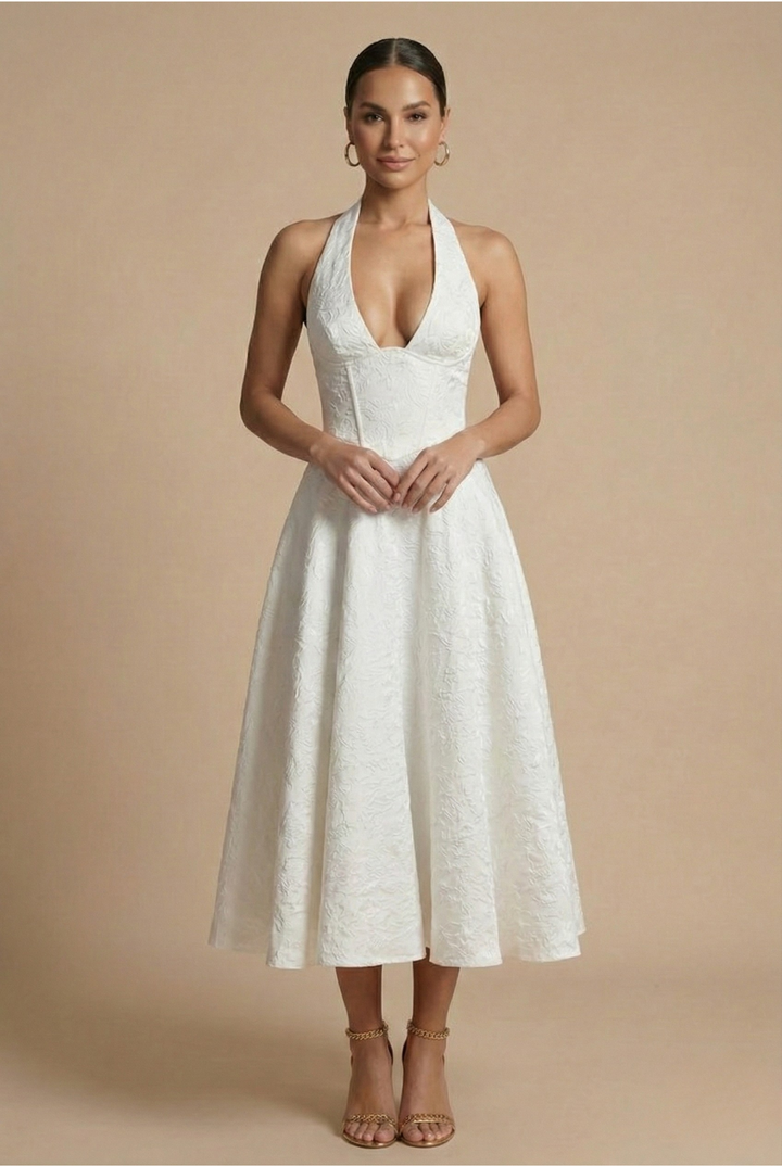 Jacquard Halter Neck Corset Bodice A Line Midi Dress - Wedding Guest