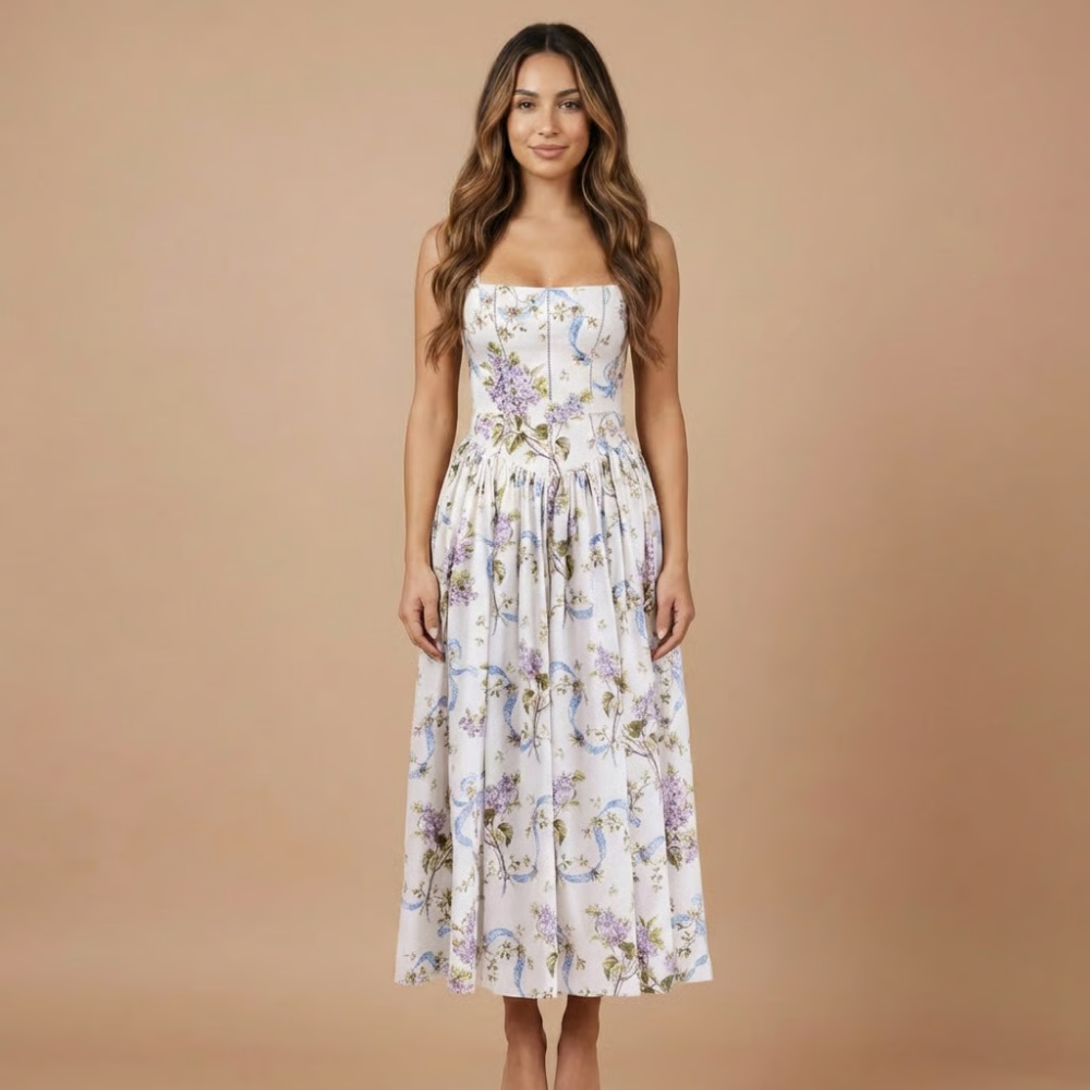 Floral Corset Bodice Gathered Skirt Midi Dress
