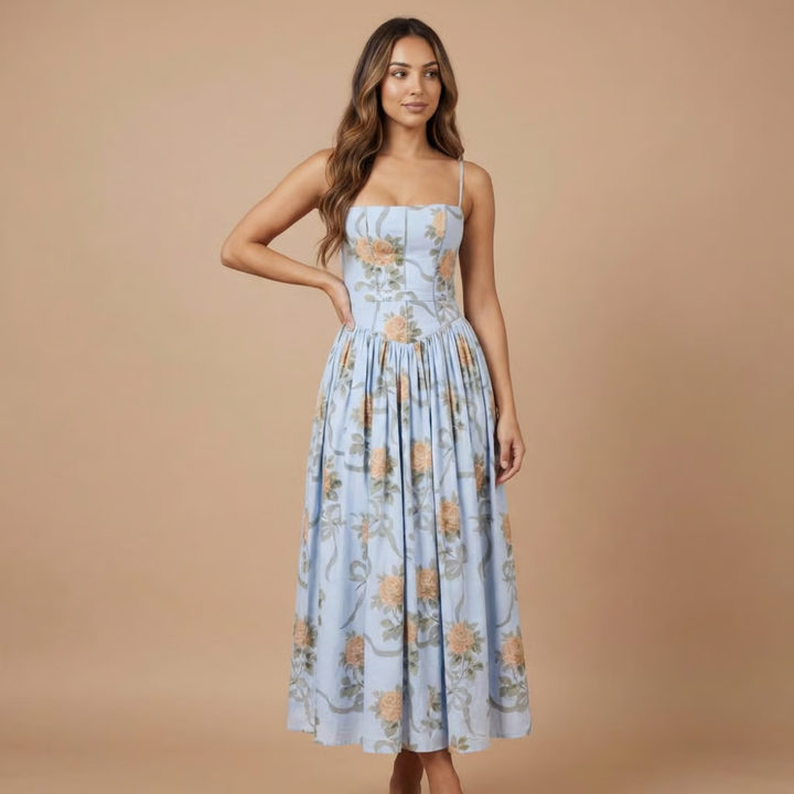 Floral Corset Bodice Gathered Skirt Midi Dress - Wedding Guest