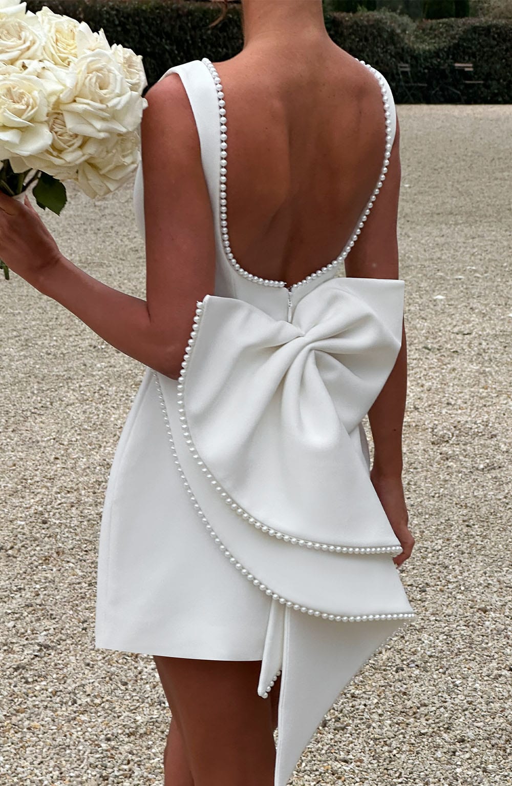 Pearl Trim Bow Detail Structured Sleeveless Mini Dress - Wedding Guest