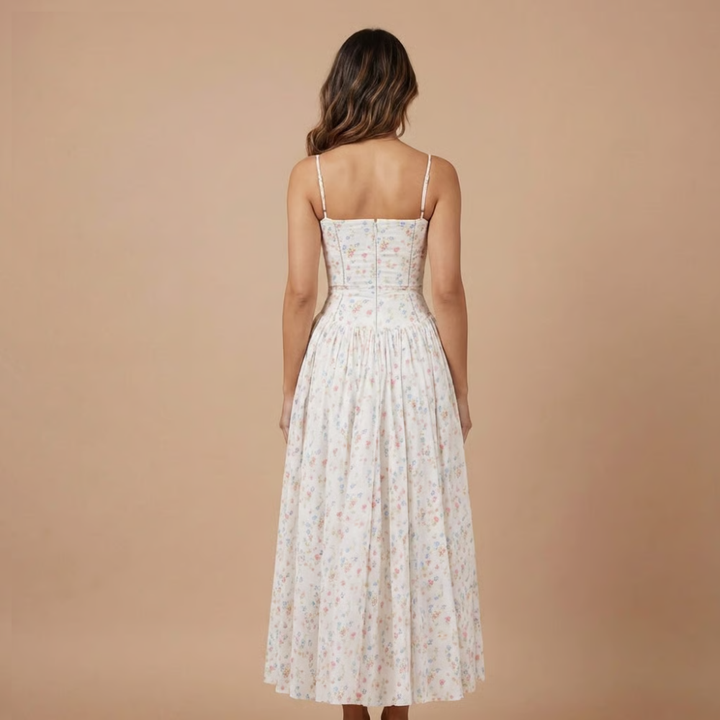 Floral Corset Bodice Gathered Skirt Midi Dress - Wedding Guest