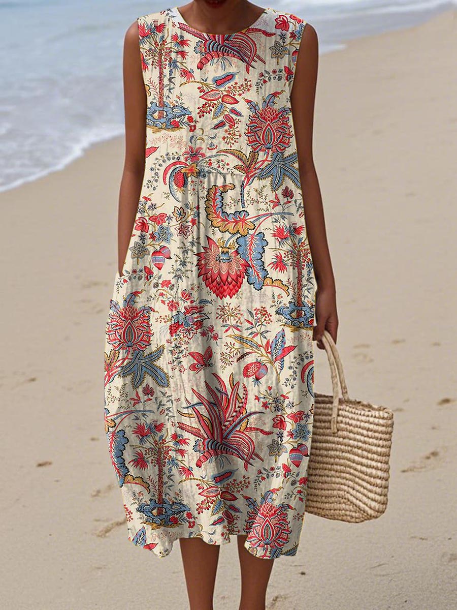 Women's Vintage Ethnic Art Flower Print Sleeveless Cotton Pocket Wrap Dress