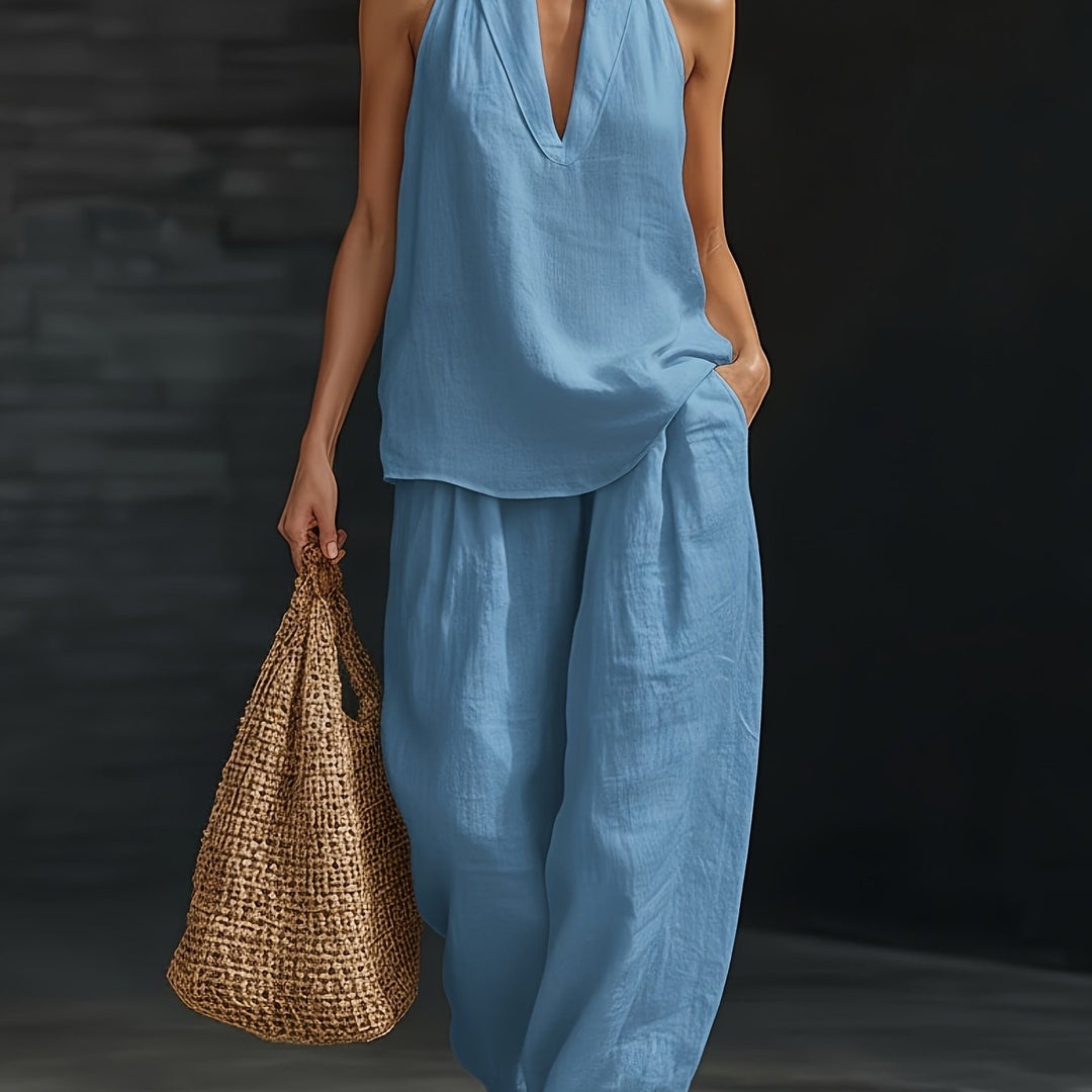 Linen Halter V Neck Backless Top and Wide Leg Pants Set