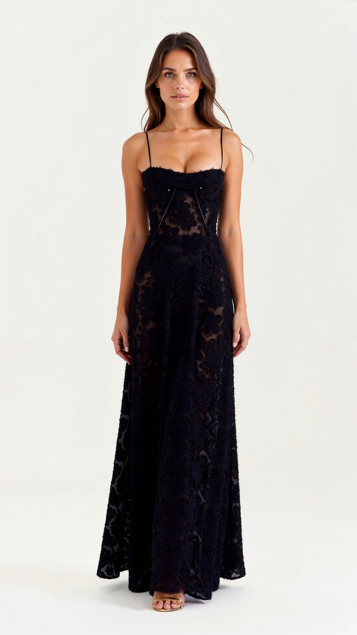 Jacquard Bustier Sweetheart Spaghetti Strap Maxi Dress - Formal Evening Gown