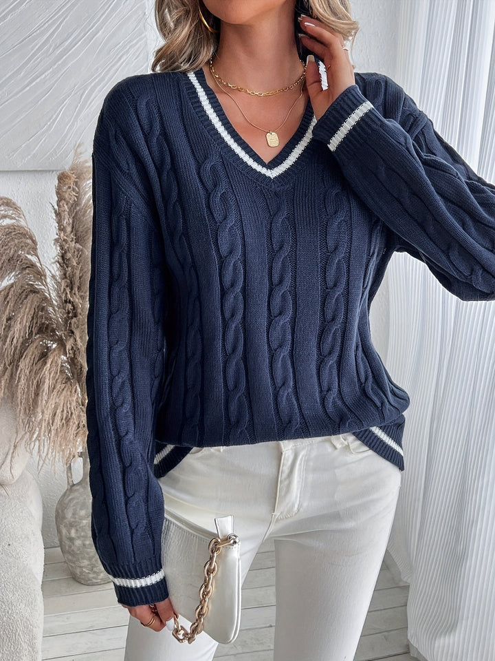 Cordelia | Women's Oversized V-Neck Striped Trim Cable Knit Sweater