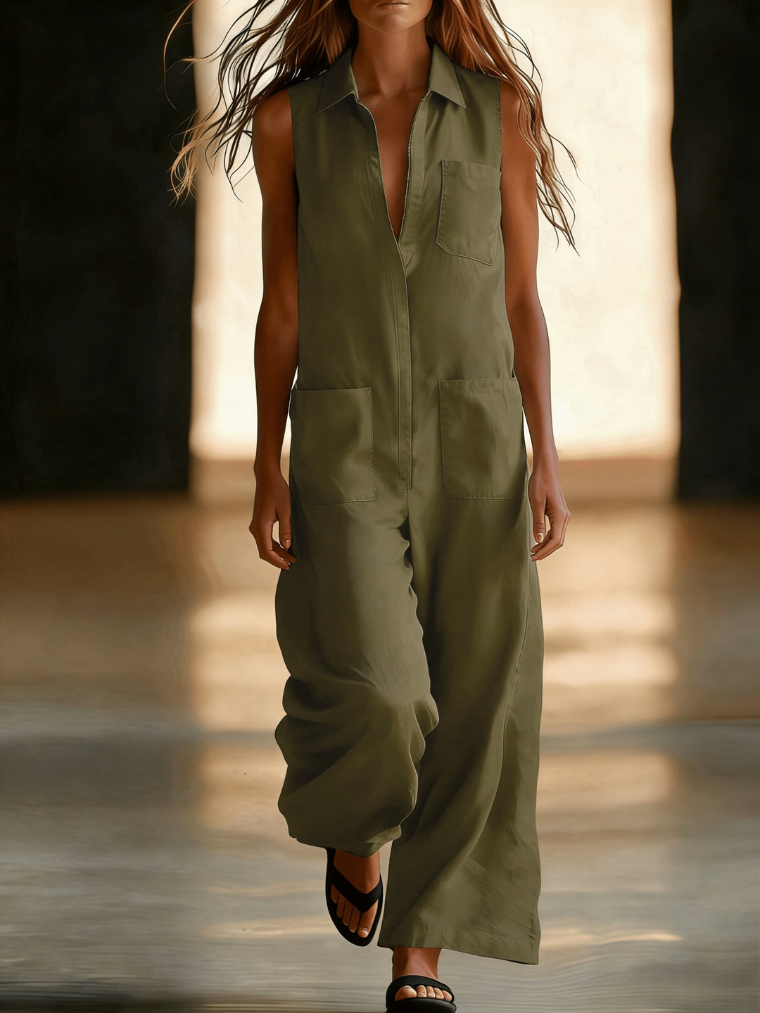 Linen Collared Sleeveless Wide Leg Utility Jumpsuit