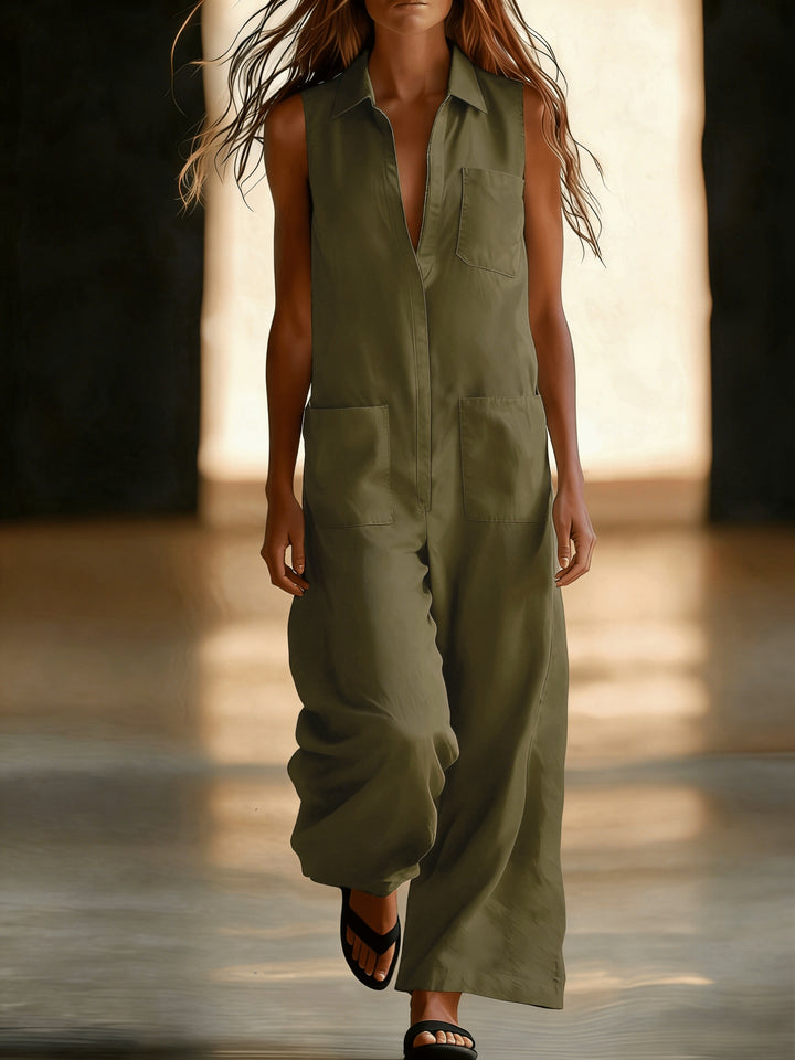 Linen Collared Sleeveless Wide Leg Utility Jumpsuit