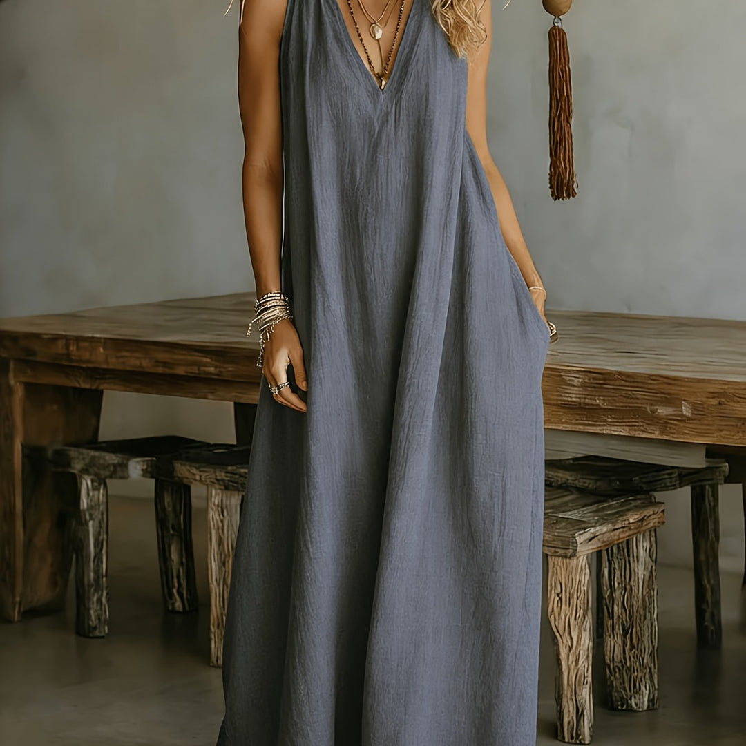 Linen Flowy V Neck Draped Casual Maxi Dress for Vacation