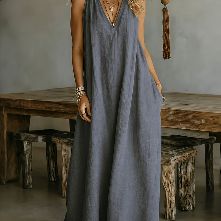 Linen Flowy V Neck Draped Casual Maxi Dress for Vacation