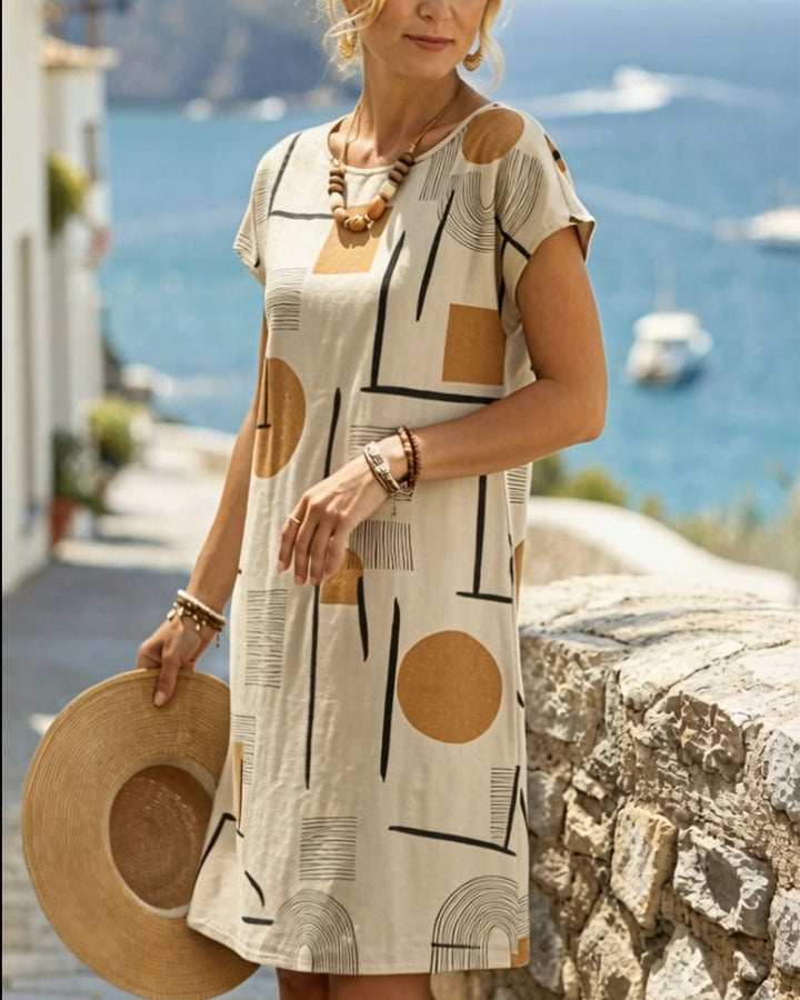 Geometric Print Cold Shoulder Round Neck Short Sleeve Casual Mini Dress