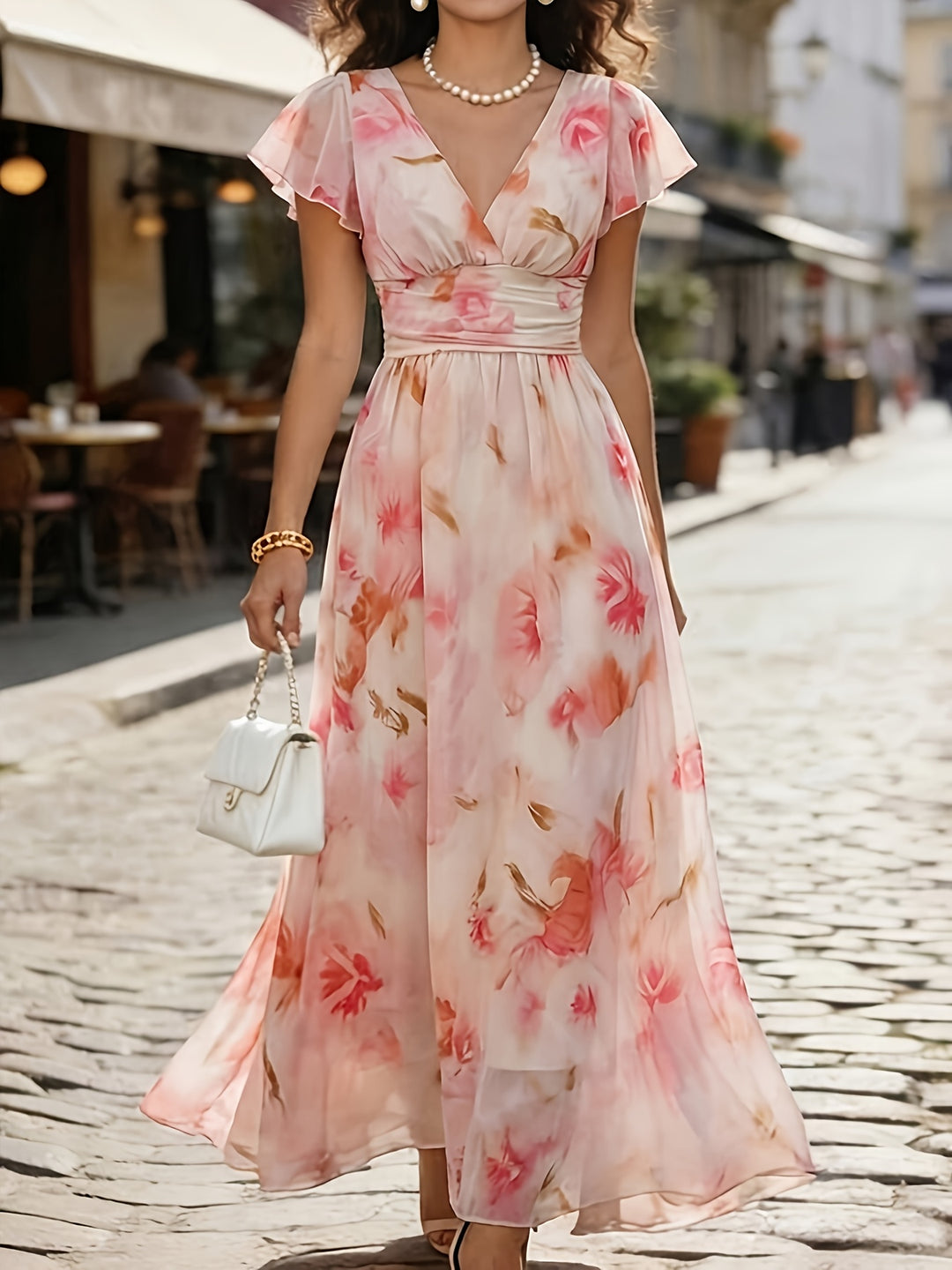 Floral Flutter Sleeve Deep V Neck Flowy Maxi Dress - Wedding Guest