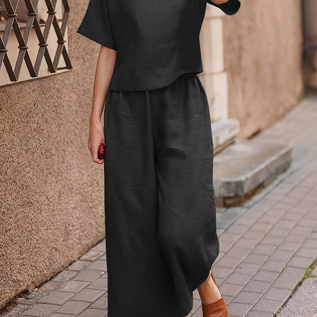 Linen Crew Neck Short Sleeve Top and Wide Leg Pants Set