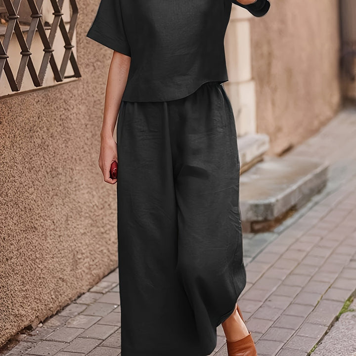Linen Crew Neck Short Sleeve Top and Wide Leg Pants Set