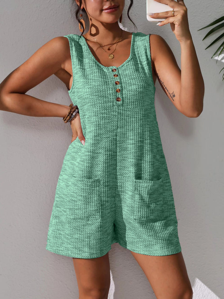 Waffle Knit Scoop Neck Button Front Sleeveless Short Romper