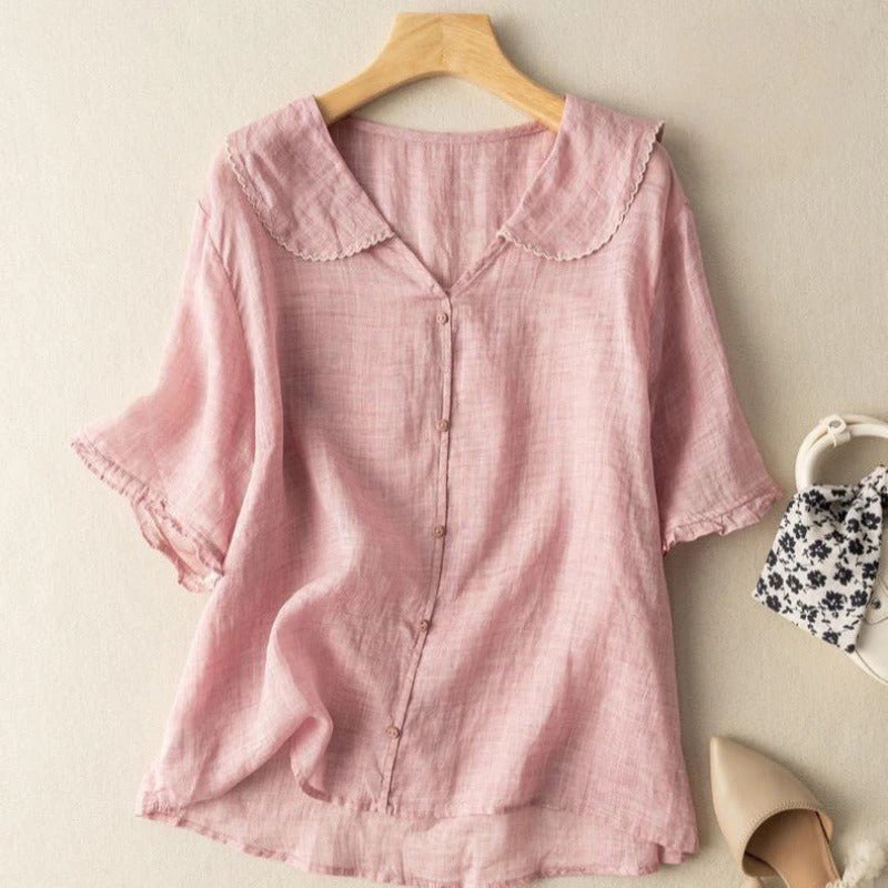 Linen Peter Pan Collar Puff Sleeve Button Down Casual Blouse