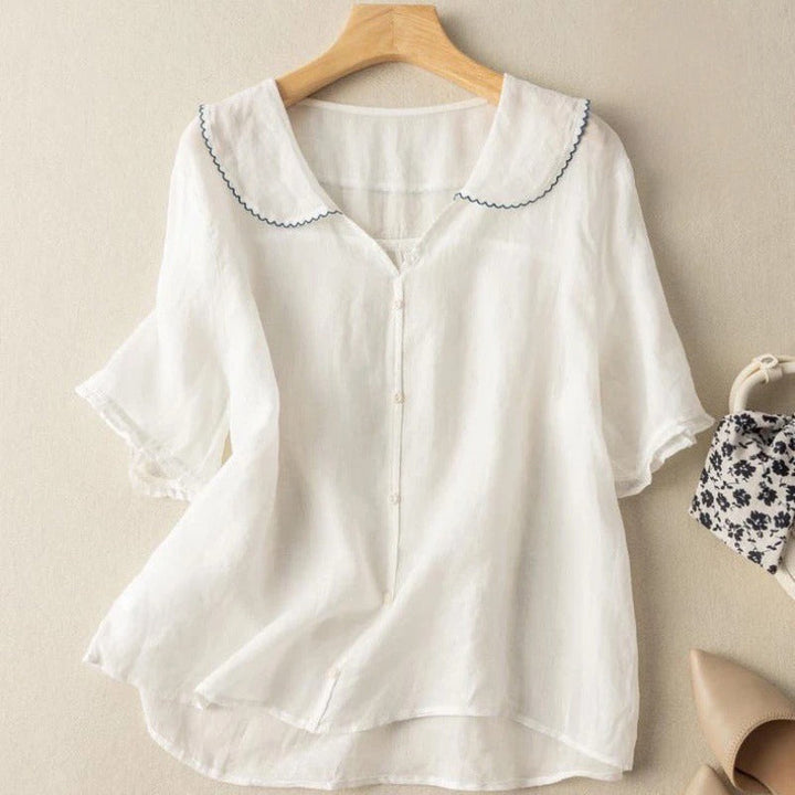 Linen Peter Pan Collar Puff Sleeve Button Down Casual Blouse
