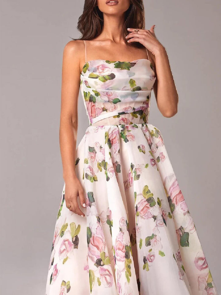 Floral Cowl Neck Spaghetti Strap Full Skirt Midi Dress - Wedding Guest