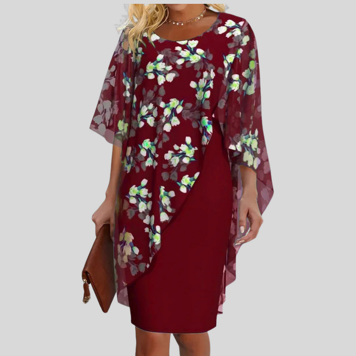 Floral Chiffon Cape Overlay Bodycon Midi Dress - Formal Wedding Guest