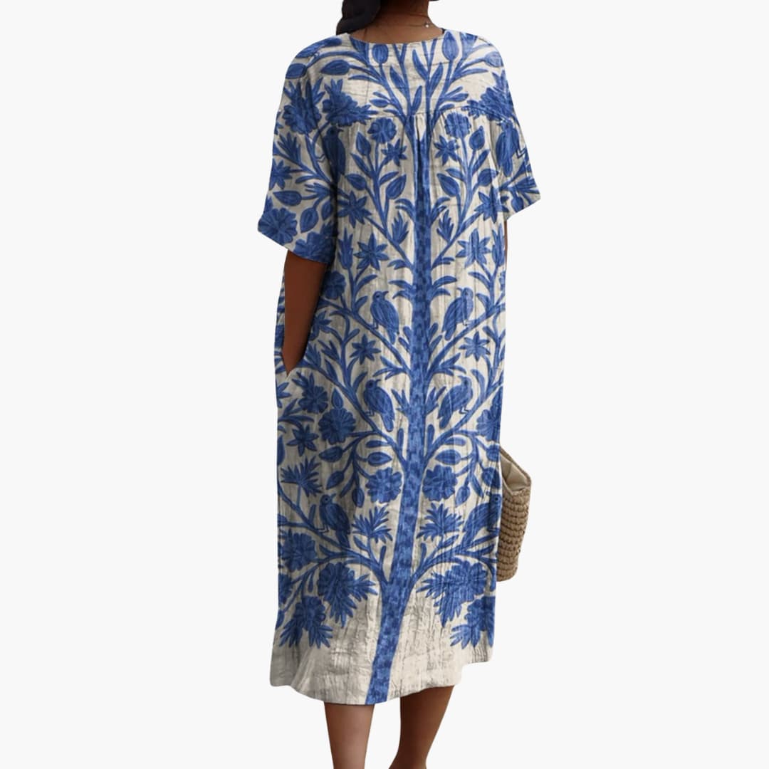 Botanical Print V-Neck Relaxed Linen Midi Dress
