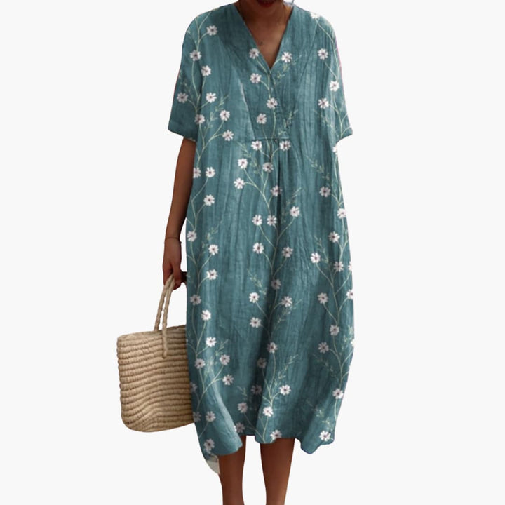 Floral Cotton V Neck Short Sleeve Oversized Casual Midi Dress