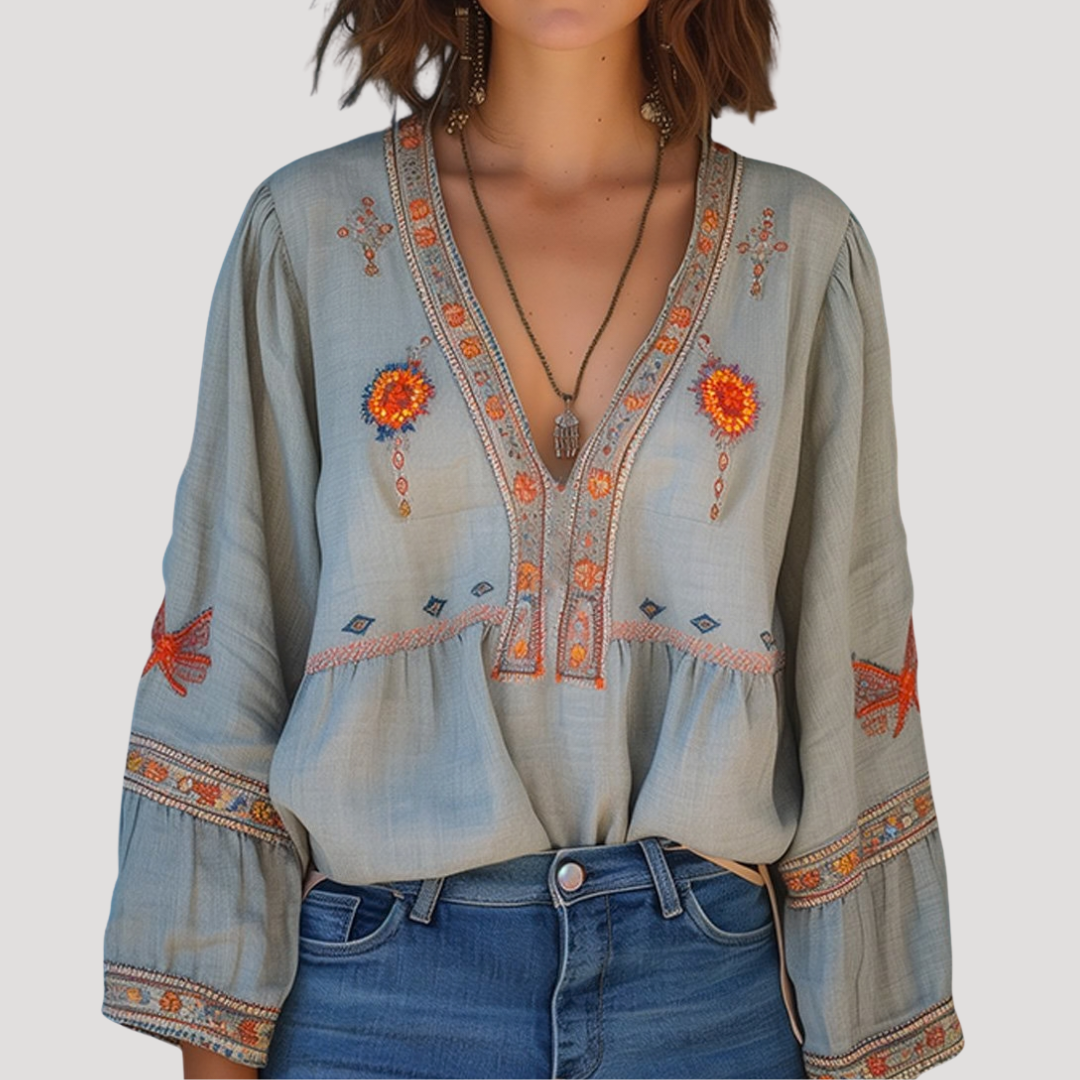 Embroidered Boho V-Neck Flared Sleeve Blouse