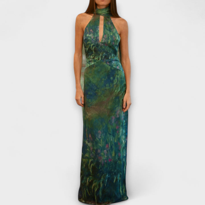Floral Print Halter Maxi Dress - Formal Evening Gown