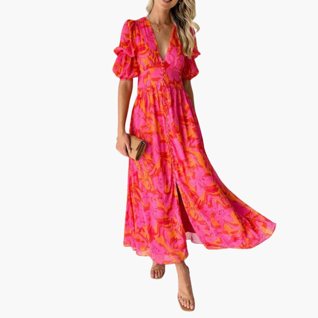 Floral Puff Sleeve Button Front Flowy Maxi Dress