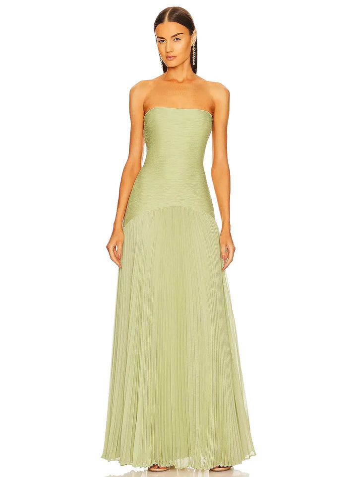 Strapless Ruched Bodice Pleated Chiffon Maxi Dress - Formal Evening Gown