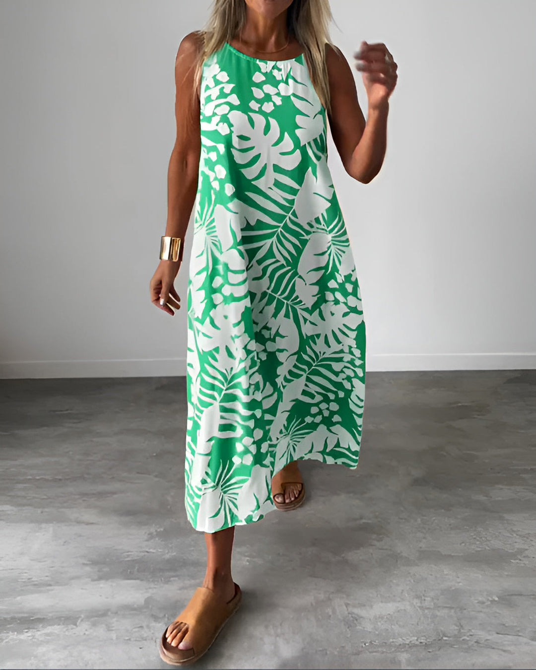 Tropical Leaf Print Halter Neck Sleeveless Swing Casual Maxi Dress
