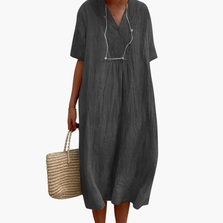 V-Neck Button Placket Relaxed Linen Midi Dress