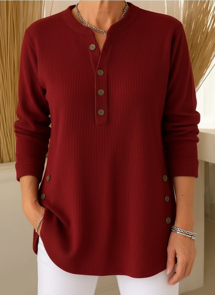 Nysha | Women's Ribbed Knit Henley Tunic Sweater with Button Side Slits