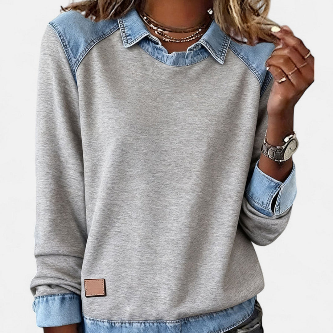 Genevieve | Women's Denim Trim Crew Neck Sweatshirt