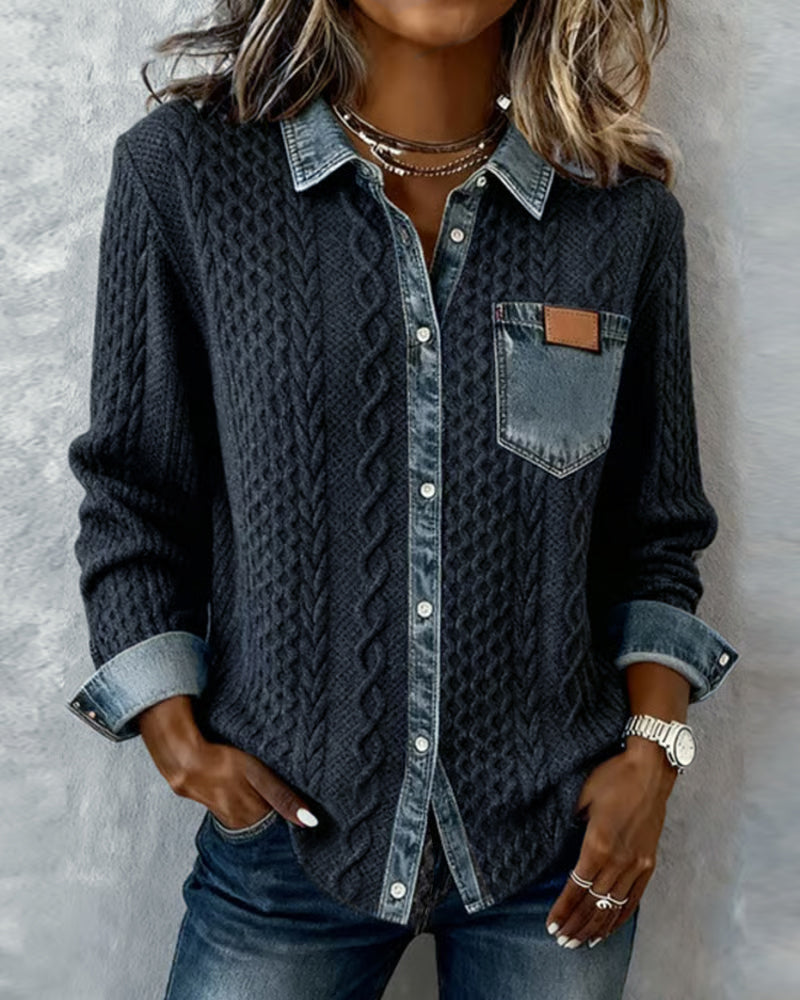 Odette | Women's Cable Knit Sweater Shirt with Denim Collar and Pocket